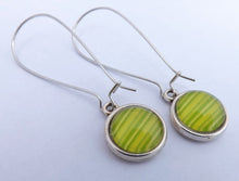 Load image into Gallery viewer, Green Stripes Dome Earrings on Long Silver Tone Kidney Hooks
