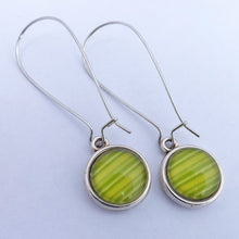 Load image into Gallery viewer, Green Stripes Dome Earrings on Long Silver Tone Kidney Hooks
