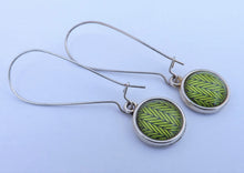 Load image into Gallery viewer, Green &amp; Black Dome Earrings on Long Silver Tone Kidney Hooks
