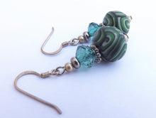 Load image into Gallery viewer, Green &amp; Black Kathryn Design Bead Earrings on Sterling Silver Hooks
