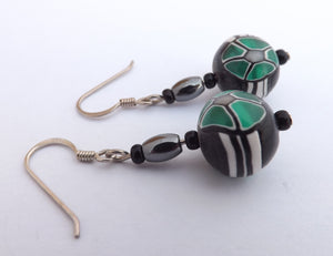 Green, Black & White Kathryn Design Bead Earrings on Sterling Silver Hooks