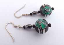 Load image into Gallery viewer, Green, Black &amp; White Kathryn Design Bead Earrings on Sterling Silver Hooks
