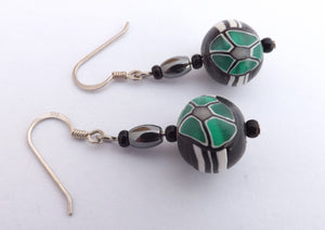 Green, Black & White Kathryn Design Bead Earrings on Sterling Silver Hooks