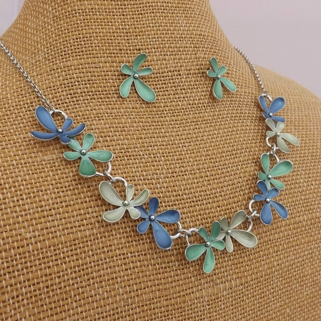 Green & Blue Floral Collar Necklace & Earrings Set