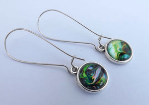 Green, Blue & Black Pattern Double Sided Dome Earrings on Long Kidney Hooks