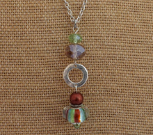 Load image into Gallery viewer, Green, Brown &amp; Silver Long Art Glass Bead Pendant
