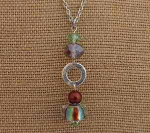 Green, Brown & Silver Long Art Glass Bead Pendant