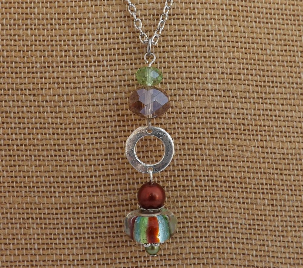 Green, Brown & Silver Long Art Glass Bead Pendant