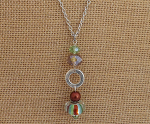 Green, Brown & Silver Long Art Glass Bead Pendant