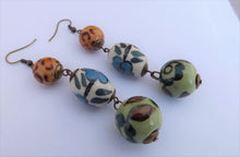 Load image into Gallery viewer, Green, Brown, White &amp; Blue Ceramic Beads Drop Earrings
