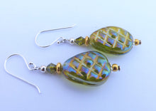 Load image into Gallery viewer, Green &amp; Gold Glass Bead Earrings
