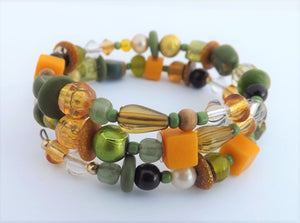 Green, Gold, Yellow, Black & Pearl Beads Memory Wire Bracelet