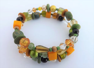Green, Gold, Yellow, Black & Pearl Beads Memory Wire Bracelet