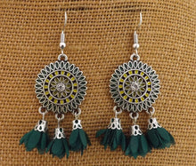 Load image into Gallery viewer, Silver Tone Chandelier Earrings with Flower Posy Tassel Drops (multiple colour options)
