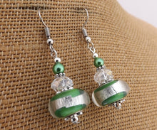 Load image into Gallery viewer, Green &amp; Silver Foil, Art Glass Bead Earrings on Sterling Silver Hooks
