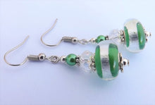 Load image into Gallery viewer, Green &amp; Silver Foil, Art Glass Bead Earrings on Sterling Silver Hooks
