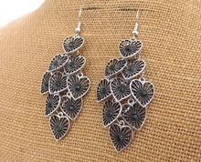 Load image into Gallery viewer, Green &amp; Silver Tone Heart Drop Earrings
