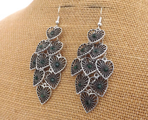 Green & Silver Tone Heart Drop Earrings