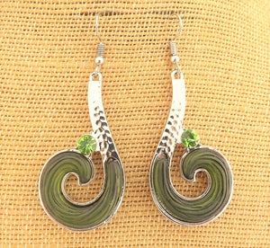 Green & Silver Tone Long Koru Earrings