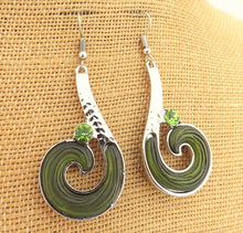 Load image into Gallery viewer, Green &amp; Silver Tone Long Koru Earrings
