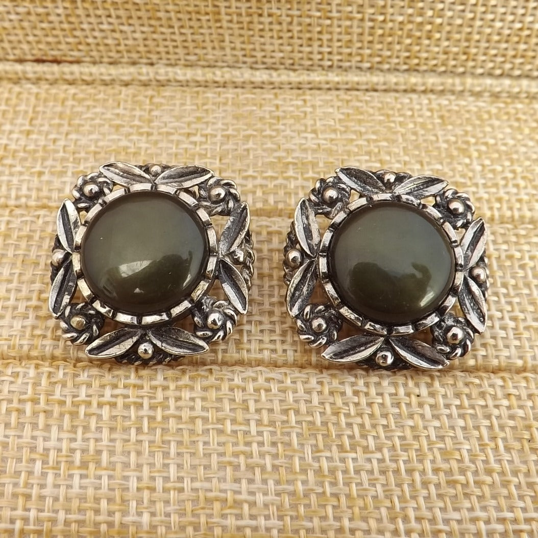 Green & Silver Tone Vintage Clip On Earrings