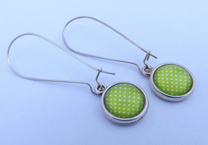 Green & White Dots Dome Earrings on Long Silver Tone Kidney Hooks