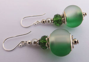 Green & White Frosted Finish Acrylic Bead Earrings on Sterling Silver Hook