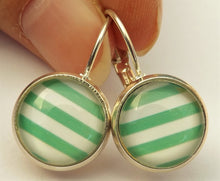 Load image into Gallery viewer, Green &amp; White Stripes - Silver Tone Dome Earrings on Lever Back Hooks
