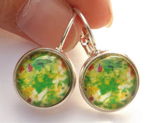 Load image into Gallery viewer, Green, White &amp; Red Pattern - Dome Earrings on Lever Back Hooks
