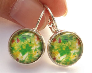 Green, White & Red Pattern - Dome Earrings on Lever Back Hooks