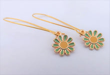 Load image into Gallery viewer, Green &amp; Yellow Flower Earrings on Long Gold Tone Kidney Hooks
