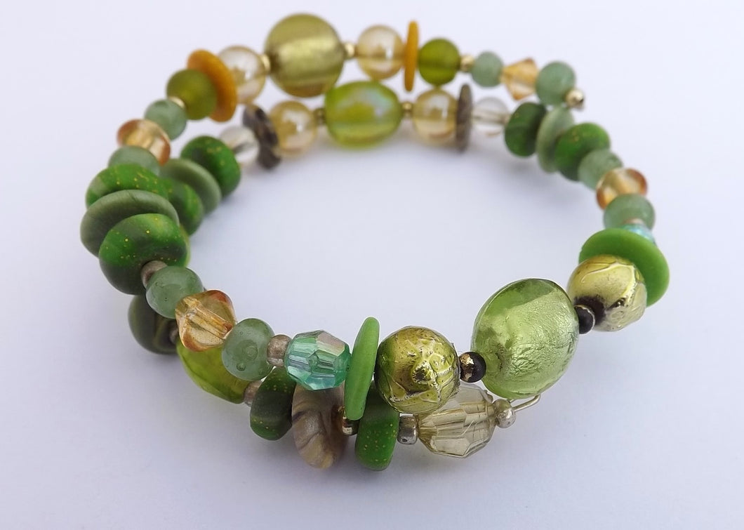 Green & Yellow Beads Memory Wire Bracelet