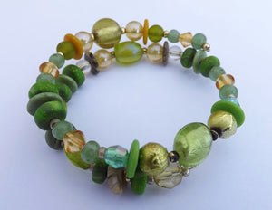 Green & Yellow Beads Memory Wire Bracelet