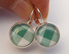 Load image into Gallery viewer, Green &amp; White Checkers - Silver Tone Dome Earrings on Lever Back Hooks
