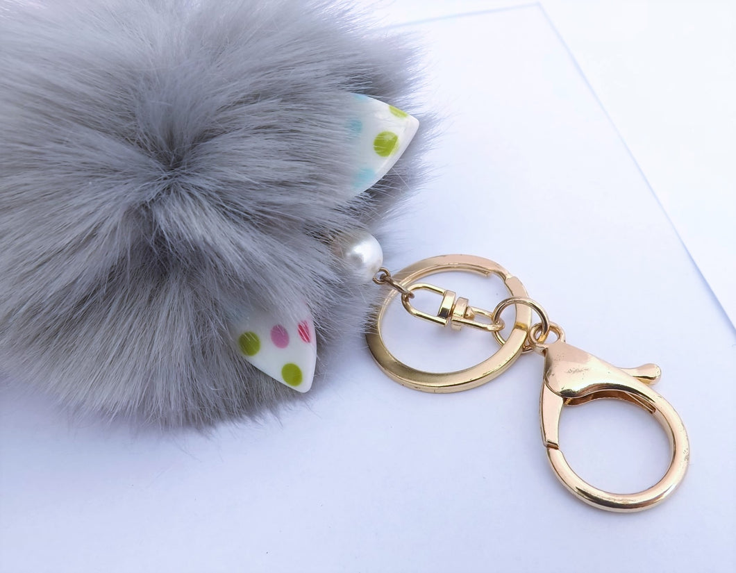 Grey Fluffy Pompom With Rabbit Ears, Key Rings & Purse Clip