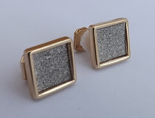 Load image into Gallery viewer, Grey Glittery Square with Gold Tone Border, Clip on Earrings
