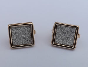 Grey Glittery Square with Gold Tone Border, Clip on Earrings