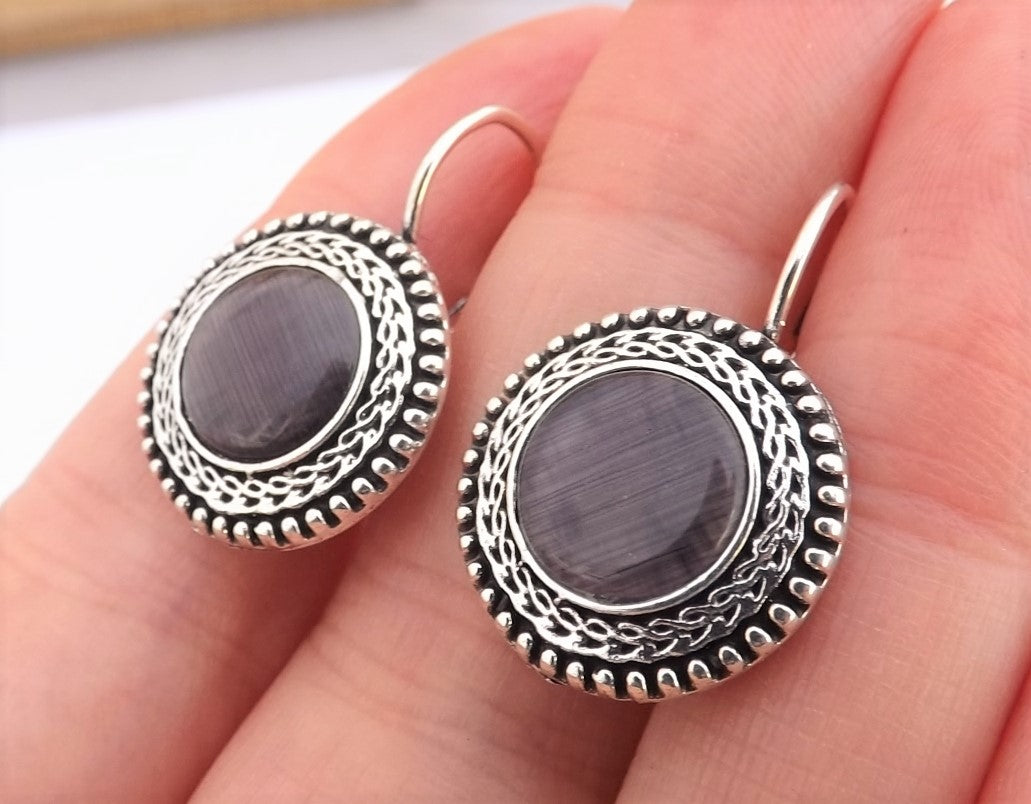 Grey Ulexite & Silver Tone Lever Back Earrings