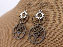 Load image into Gallery viewer, Grey, Bronze &amp; Silver Tone Steampunk Clockwork Cog Earrings
