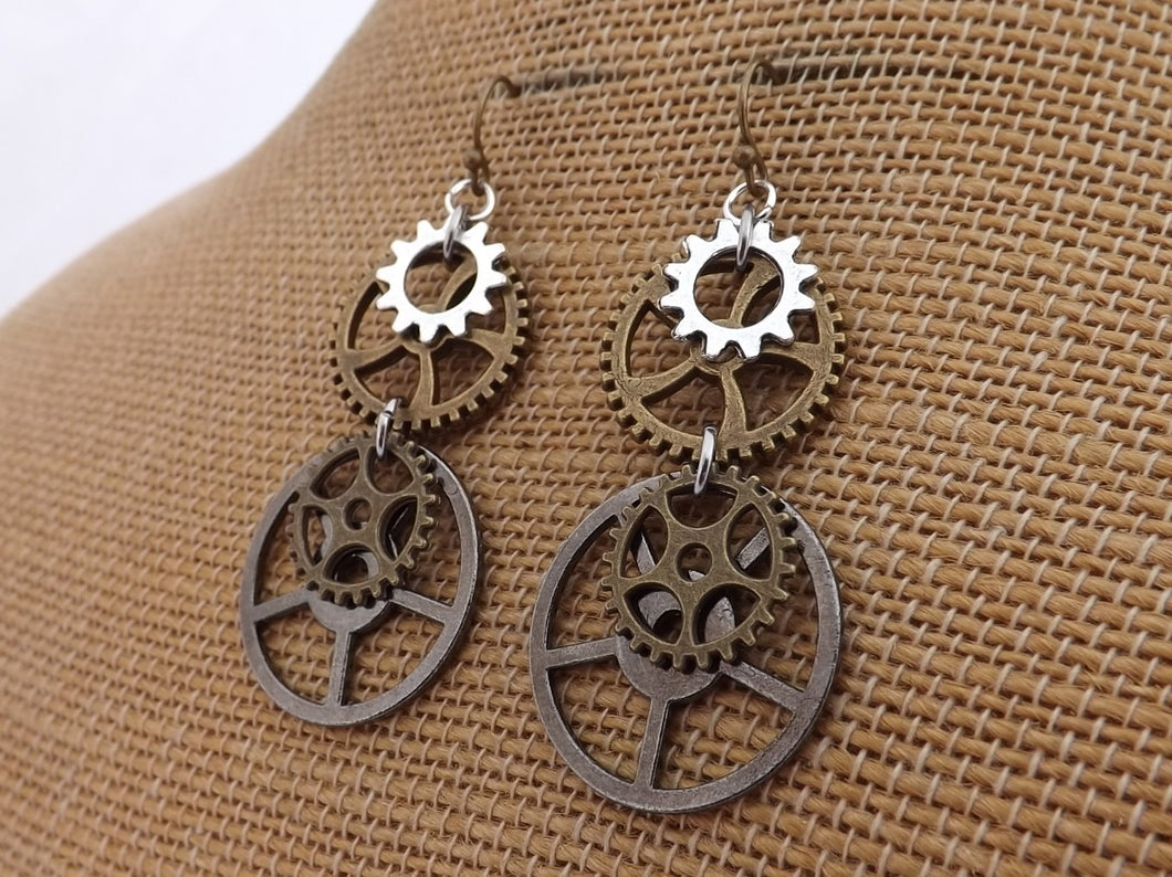 Grey, Bronze & Silver Tone Steampunk Clockwork Cog Earrings