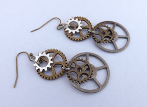 Grey, Bronze & Silver Tone Steampunk Clockwork Cog Earrings