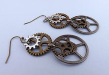 Load image into Gallery viewer, Grey, Bronze &amp; Silver Tone Steampunk Clockwork Cog Earrings
