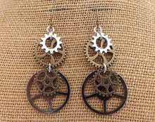 Load image into Gallery viewer, Grey, Bronze &amp; Silver Tone Steampunk Clockwork Cog Earrings
