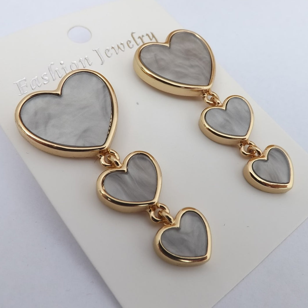 Grey & Gold Tone  Long Heart Drop Earrings on Stud Setting