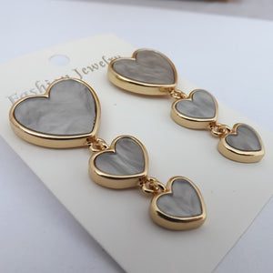 Grey & Gold Tone  Long Heart Drop Earrings on Stud Setting