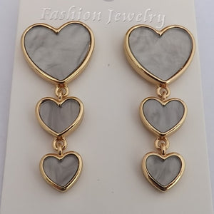 Grey & Gold Tone  Long Heart Drop Earrings on Stud Setting