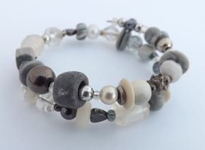 Grey, Silver, Clear, White & Pearl Beads Memory Wire Bracelet