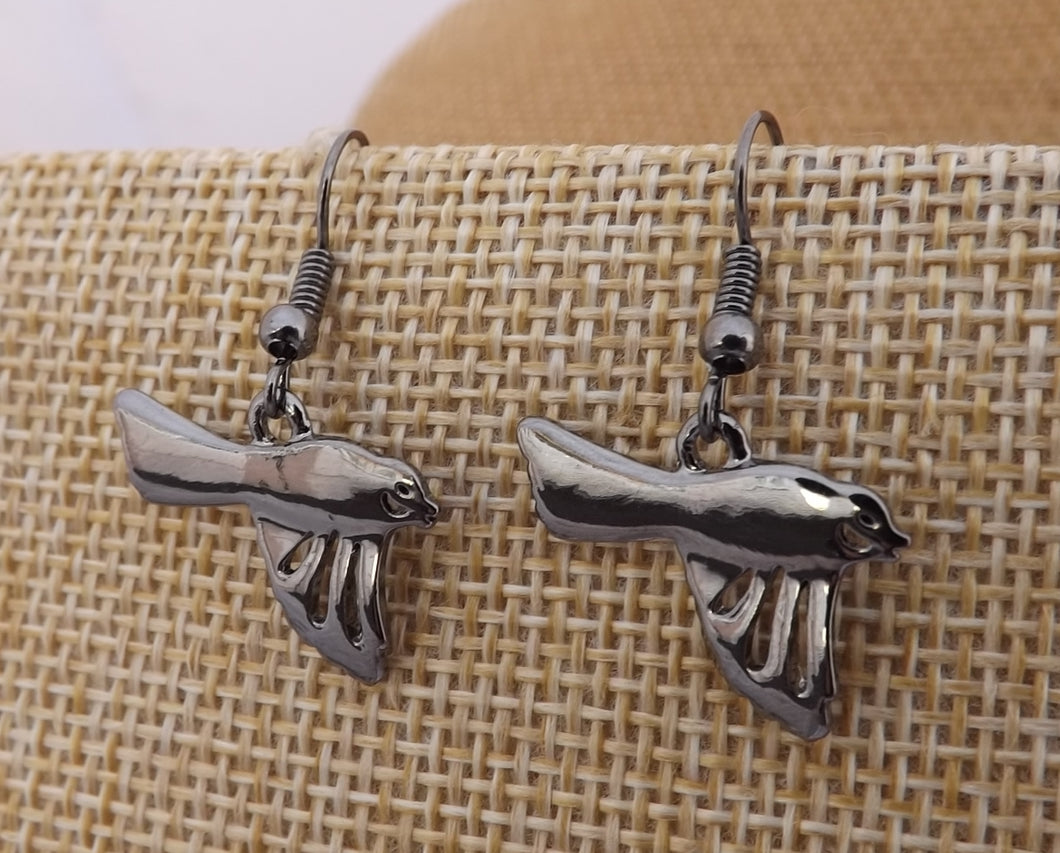 Gunmetal Grey Flying Fantail Bird Drop Earrings