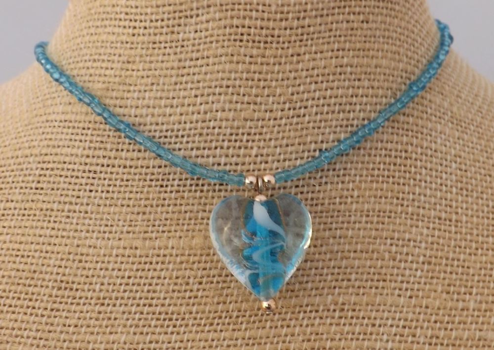 Handmade Blue Heart Bead Necklace