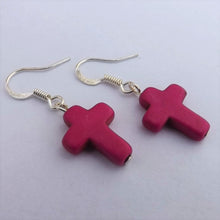 Load image into Gallery viewer, Handmade Dark Pink Cross Earrings
